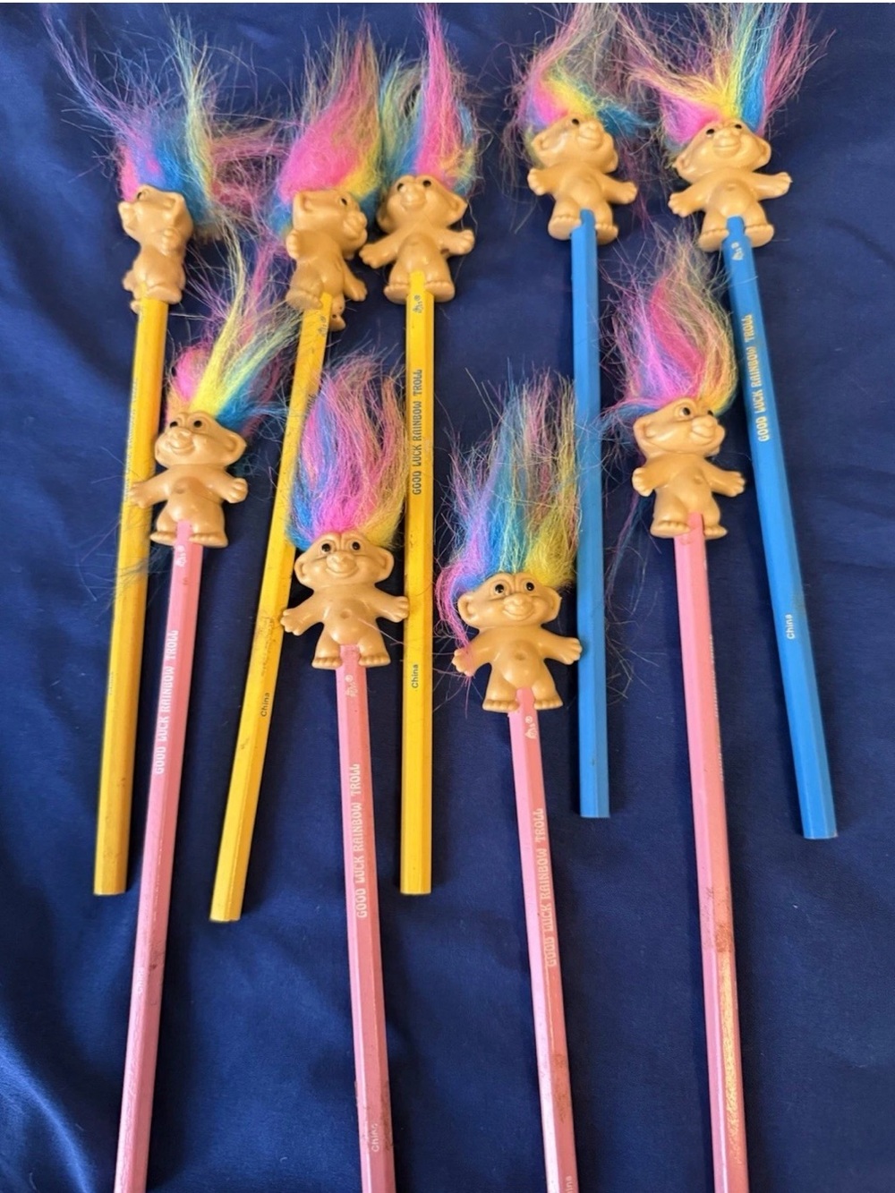 Vintage Lot of 10 Rainbow Hair Troll Pencil Toppers-Russ brand